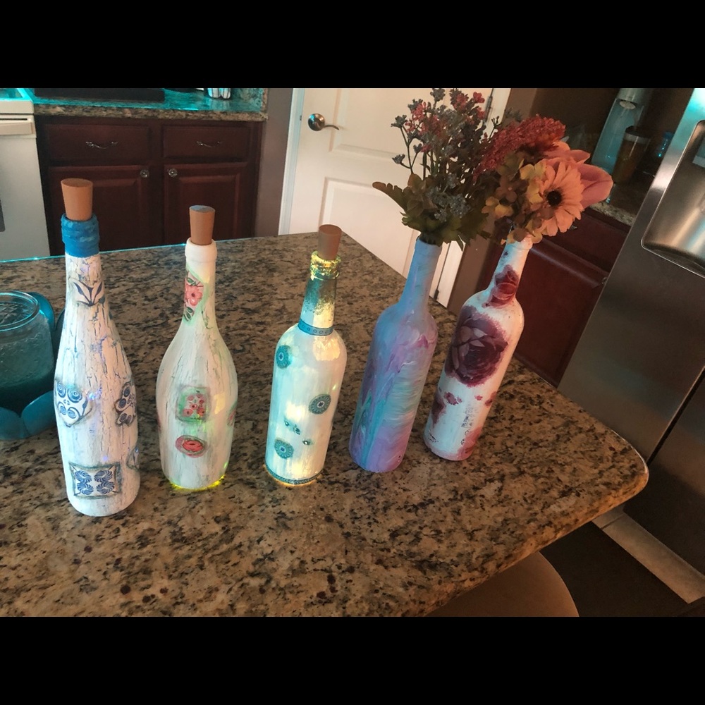 Decoupaged bottles.